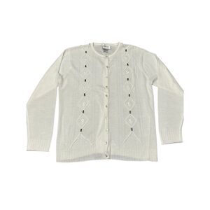 Jenny VTG White Beaded Embroidered Cardigan Sweater Size L Grandma Core Coquette